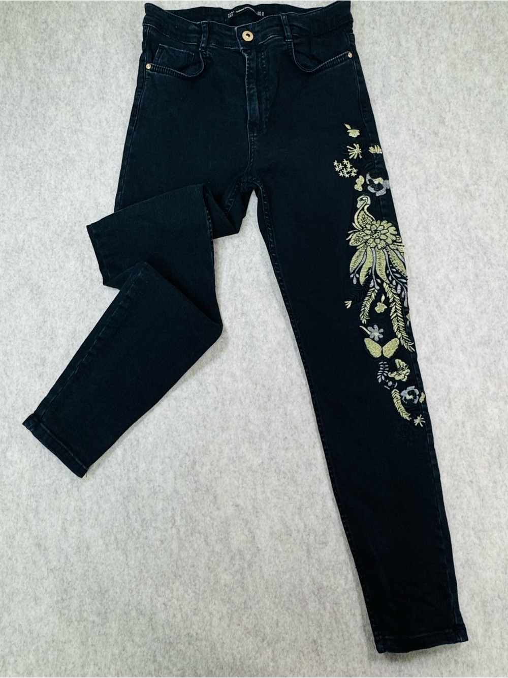 Zara Black Skinny Jeans with Green & Gold Floral Embroidery